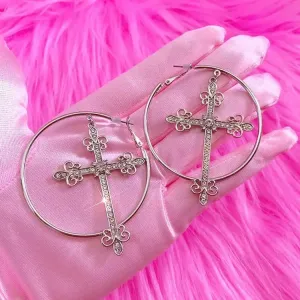 Crystal Cross Hoop Earrings for Y2K Aesthetic Flair