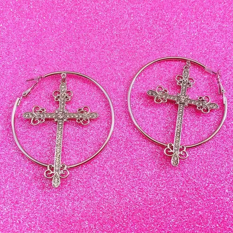 Crystal Cross Hoop Earrings for Y2K Aesthetic Flair