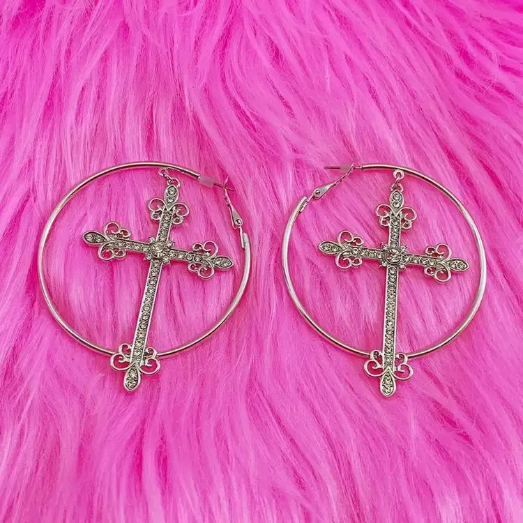 Crystal Cross Hoop Earrings for Y2K Aesthetic Flair