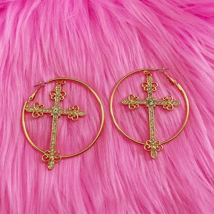 Crystal Cross Hoop Earrings for Y2K Aesthetic Flair