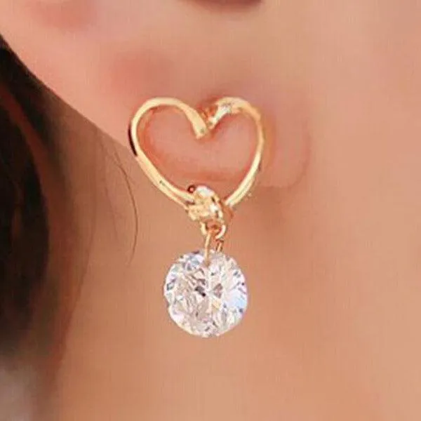 Crystal Heart Gold Dangle Earrings