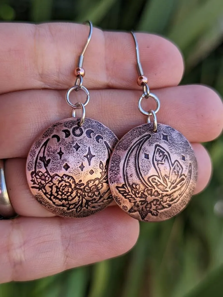 Crystal moon and stars copper disc earrings
