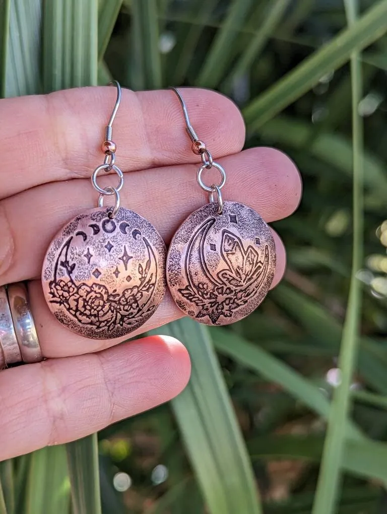 Crystal moon and stars copper disc earrings