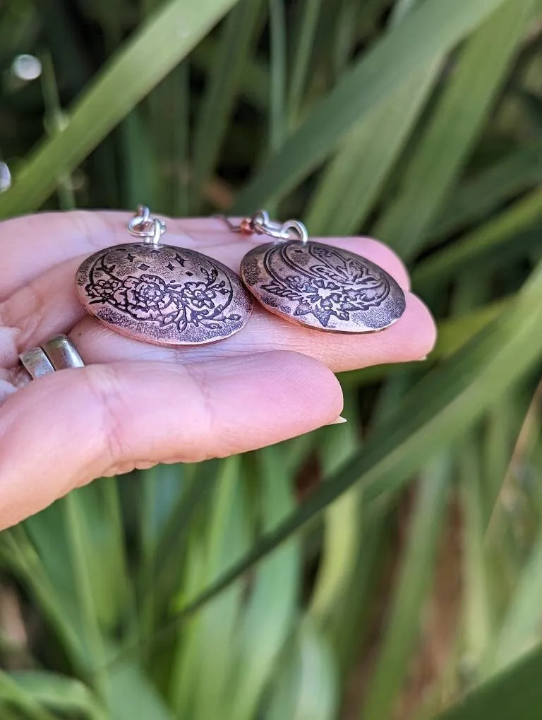 Crystal moon and stars copper disc earrings