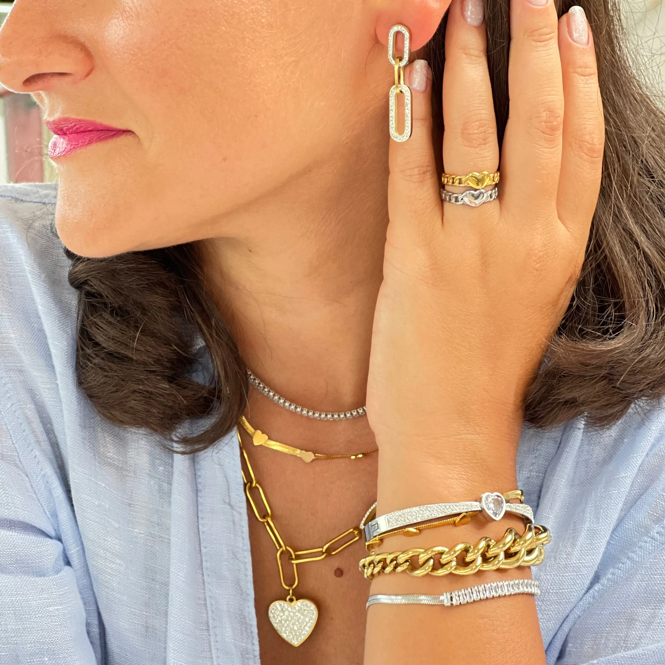 Crystal Oval Chain Gold Earring