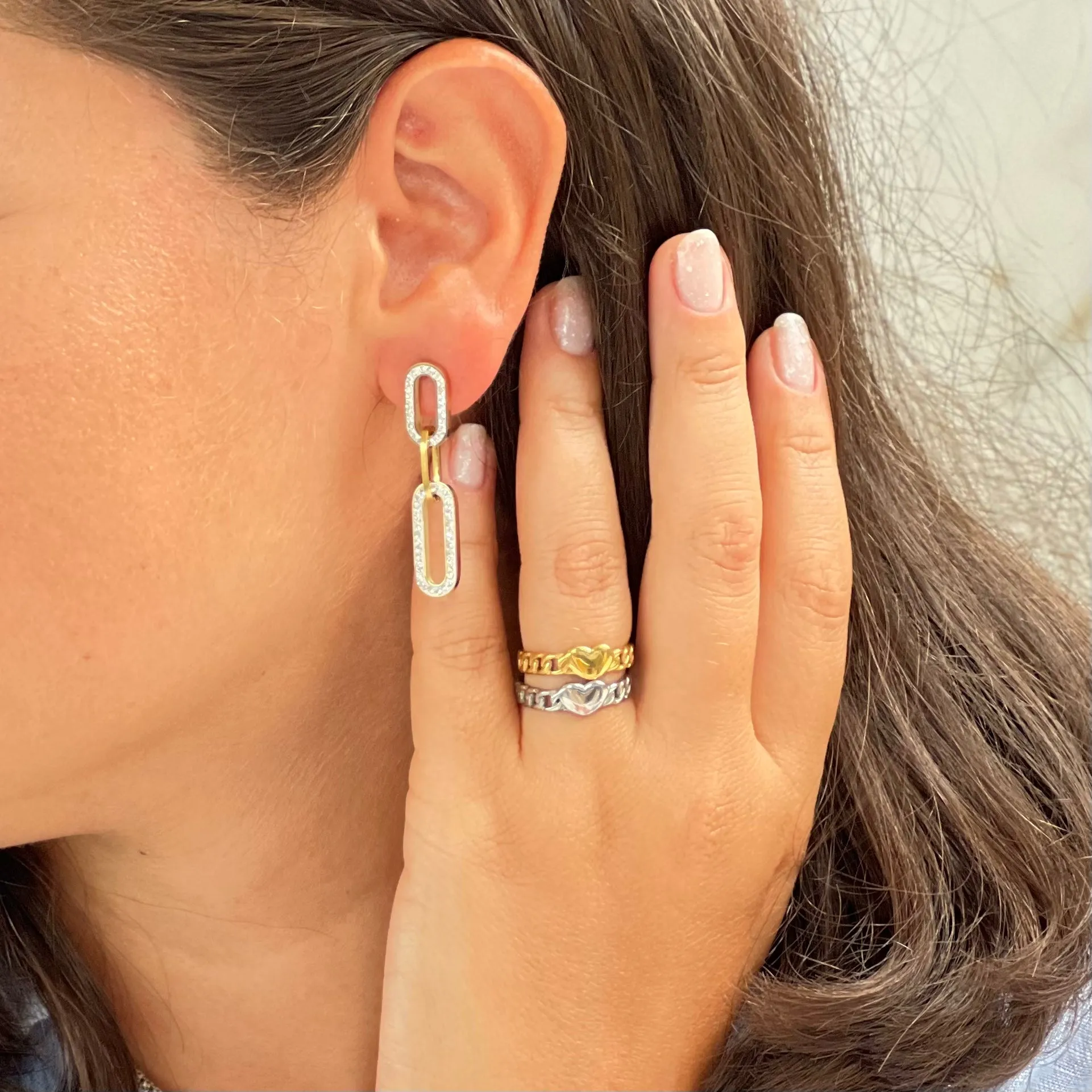 Crystal Oval Chain Gold Earring