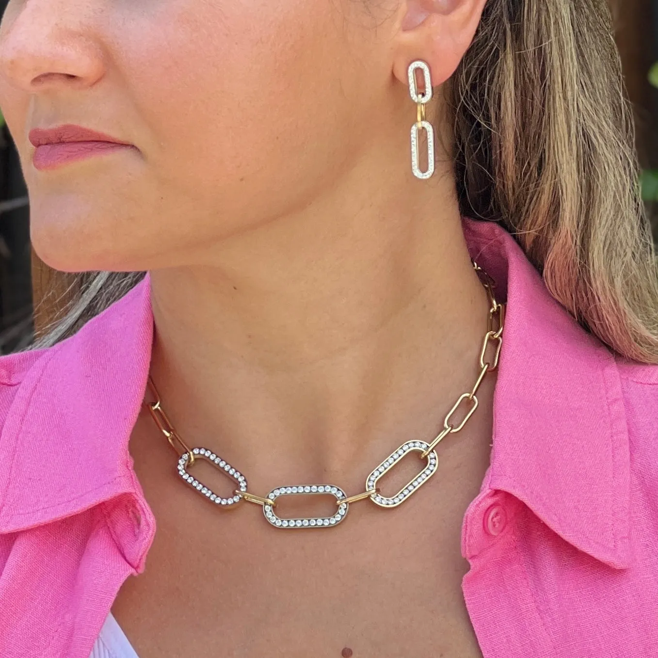 Crystal Oval Chain Gold Earring