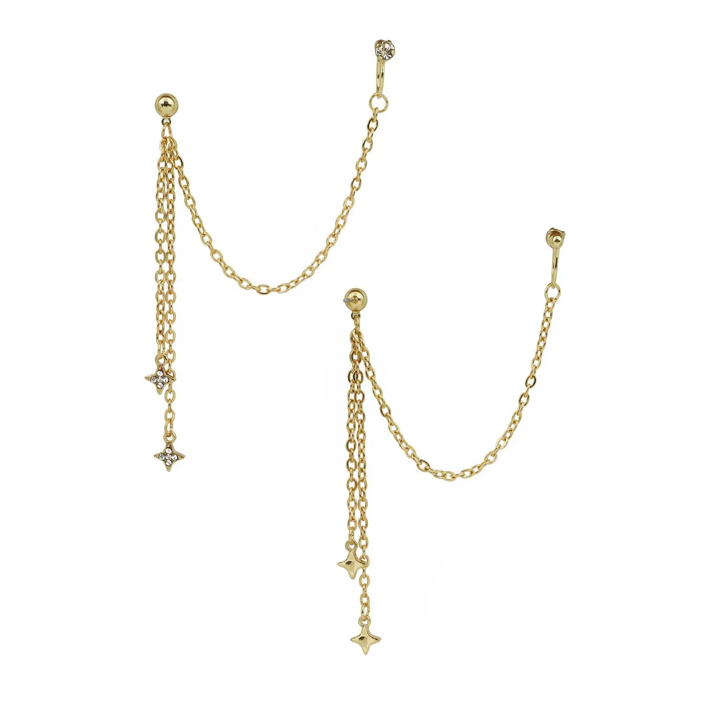 Crystal Star Chain Earring Ear Clips Set of 2