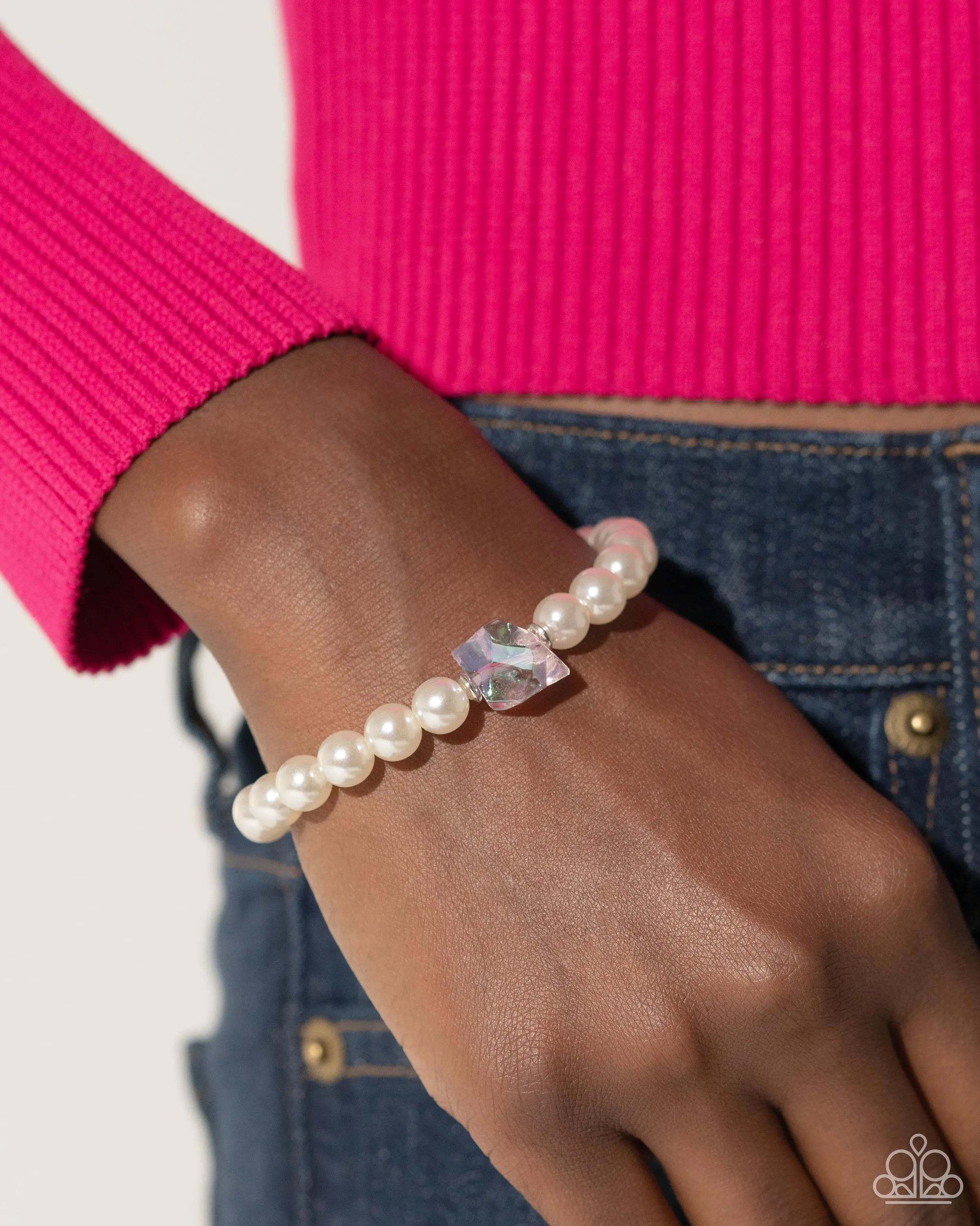 Cubed Charm - Purple - Cube Bead White Pearl Paparazzi Stretchy Bracelet