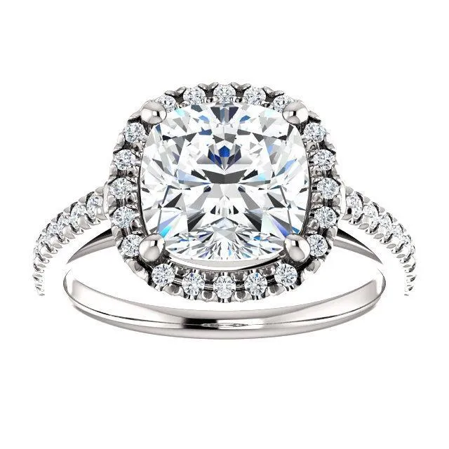 Cushion Moissanite Diamond Accent Ice Halo Cathedral Ring