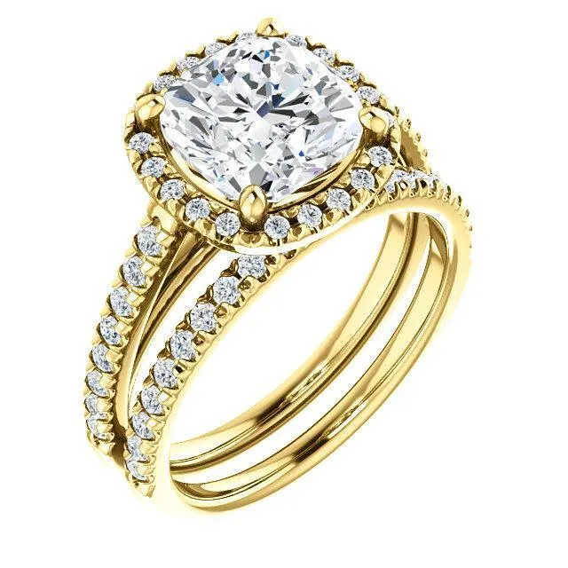 Cushion Moissanite Diamond Accent Ice Halo Cathedral Ring