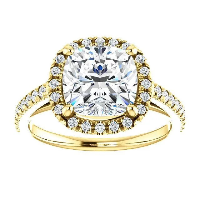 Cushion Moissanite Diamond Accent Ice Halo Cathedral Ring