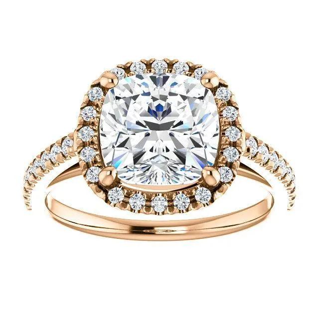 Cushion Moissanite Diamond Accent Ice Halo Cathedral Ring