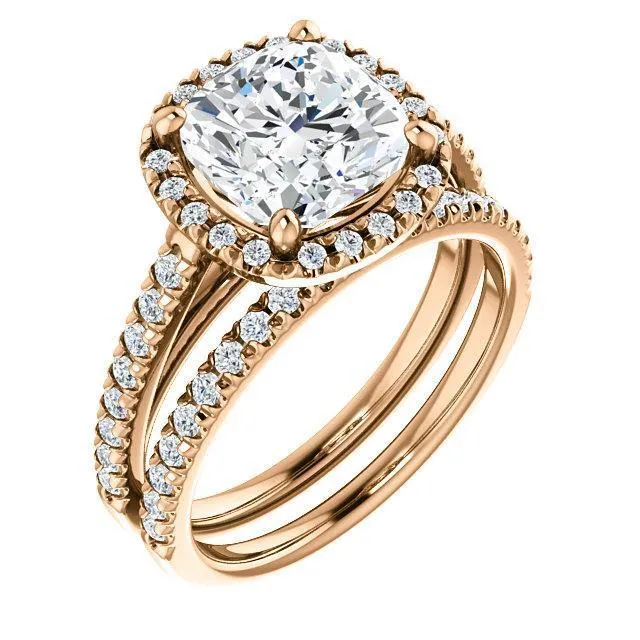 Cushion Moissanite Diamond Accent Ice Halo Cathedral Ring