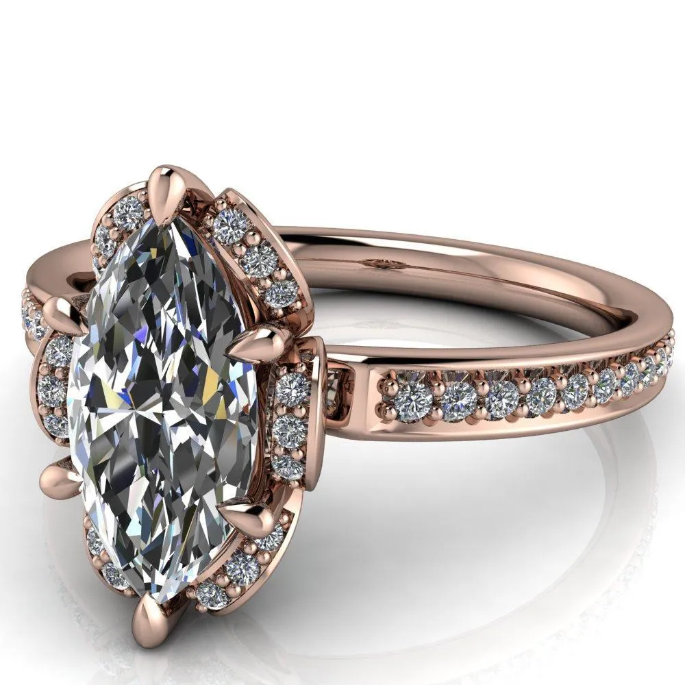 Daisy Marquise Center Stone Floral Diamond Basket Design and Diamond Shoulders Ring