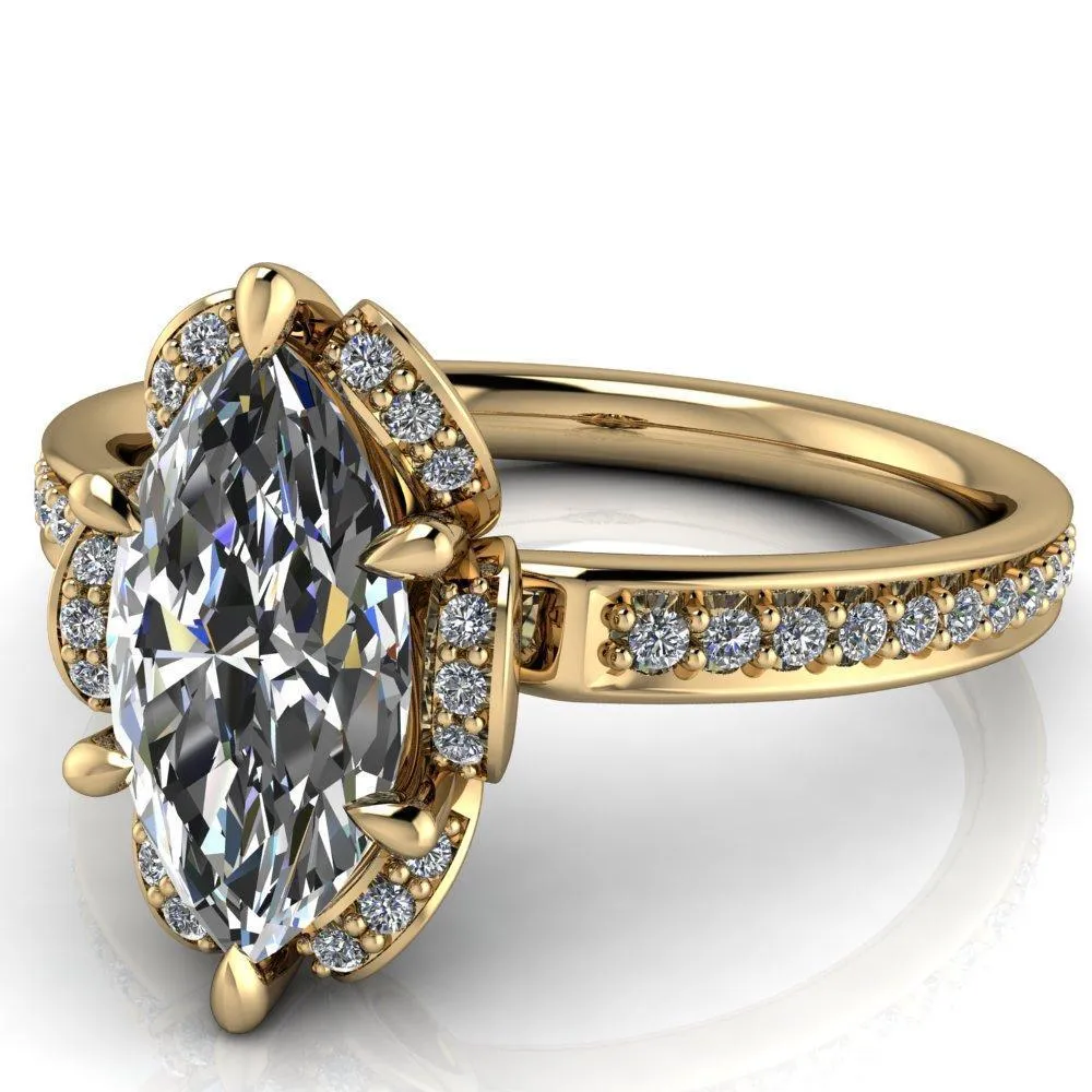 Daisy Marquise Center Stone Floral Diamond Basket Design and Diamond Shoulders Ring