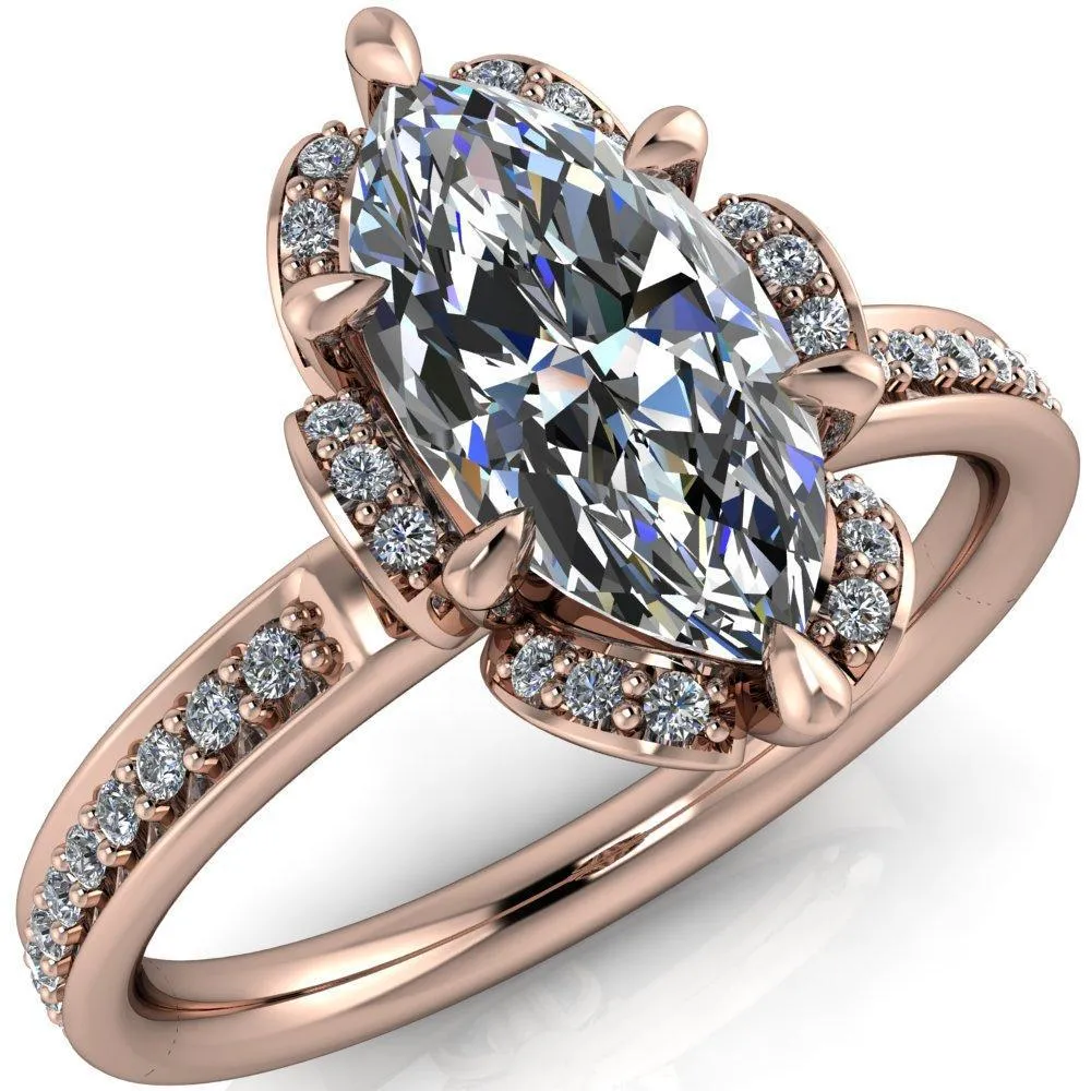 Daisy Marquise Center Stone Floral Diamond Basket Design and Diamond Shoulders Ring