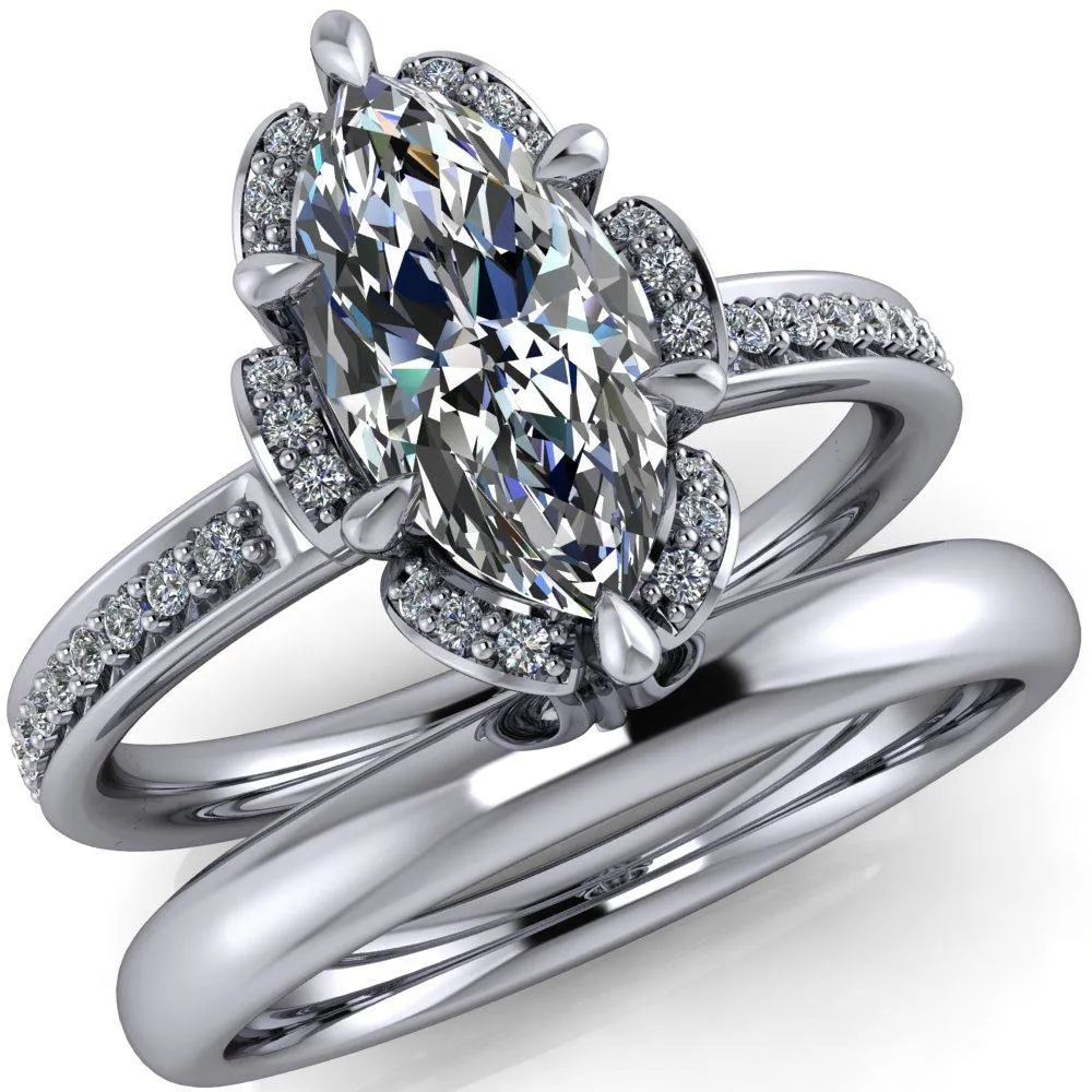Daisy Marquise Center Stone Floral Diamond Basket Design and Diamond Shoulders Ring
