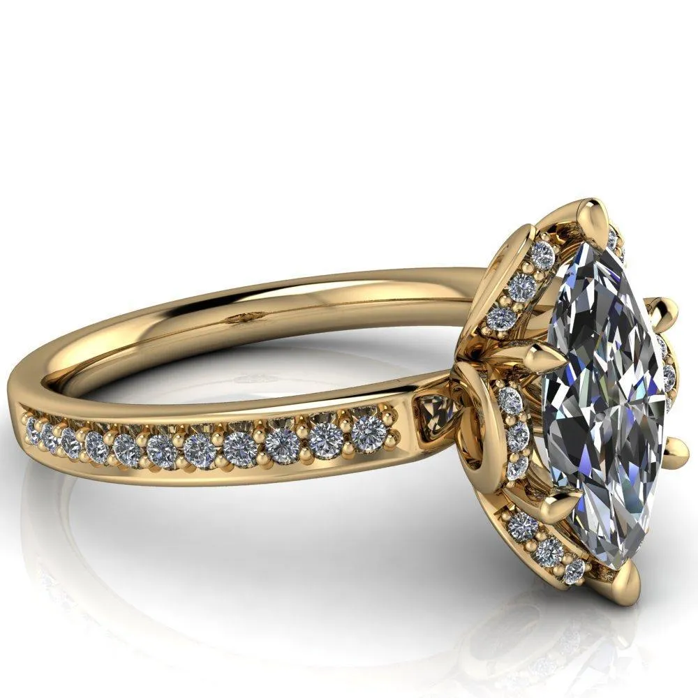Daisy Marquise Center Stone Floral Diamond Basket Design and Diamond Shoulders Ring