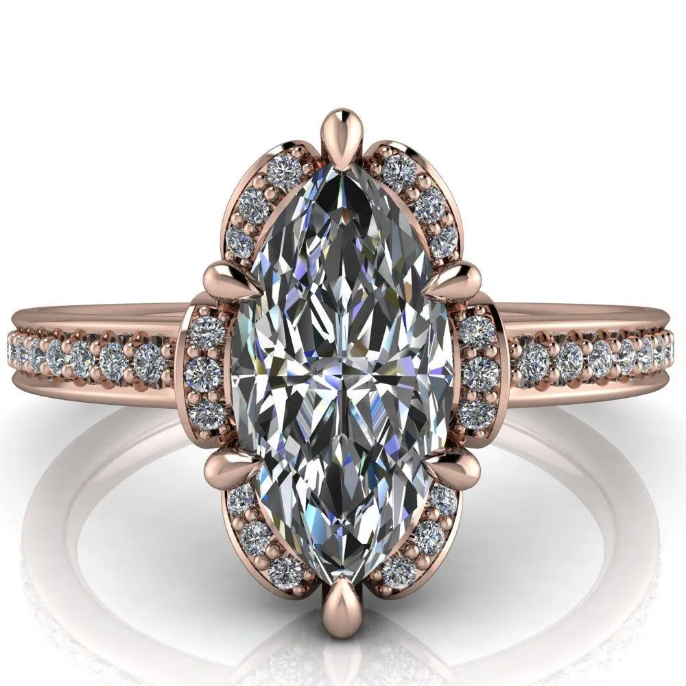 Daisy Marquise Center Stone Floral Diamond Basket Design and Diamond Shoulders Ring