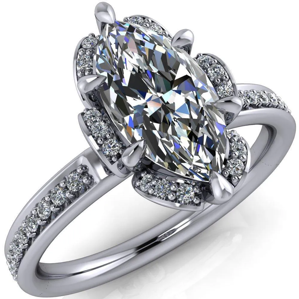 Daisy Marquise Center Stone Floral Diamond Basket Design and Diamond Shoulders Ring