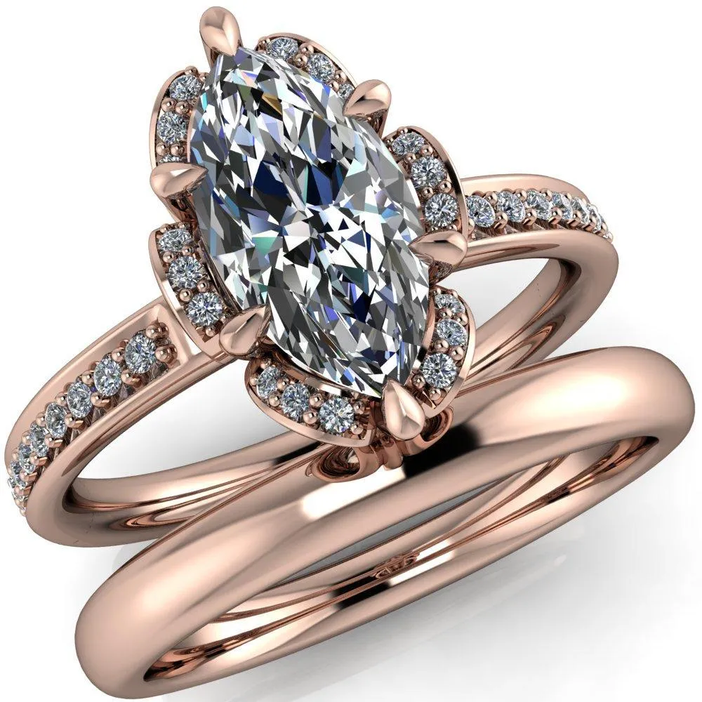Daisy Marquise Center Stone Floral Diamond Basket Design and Diamond Shoulders Ring