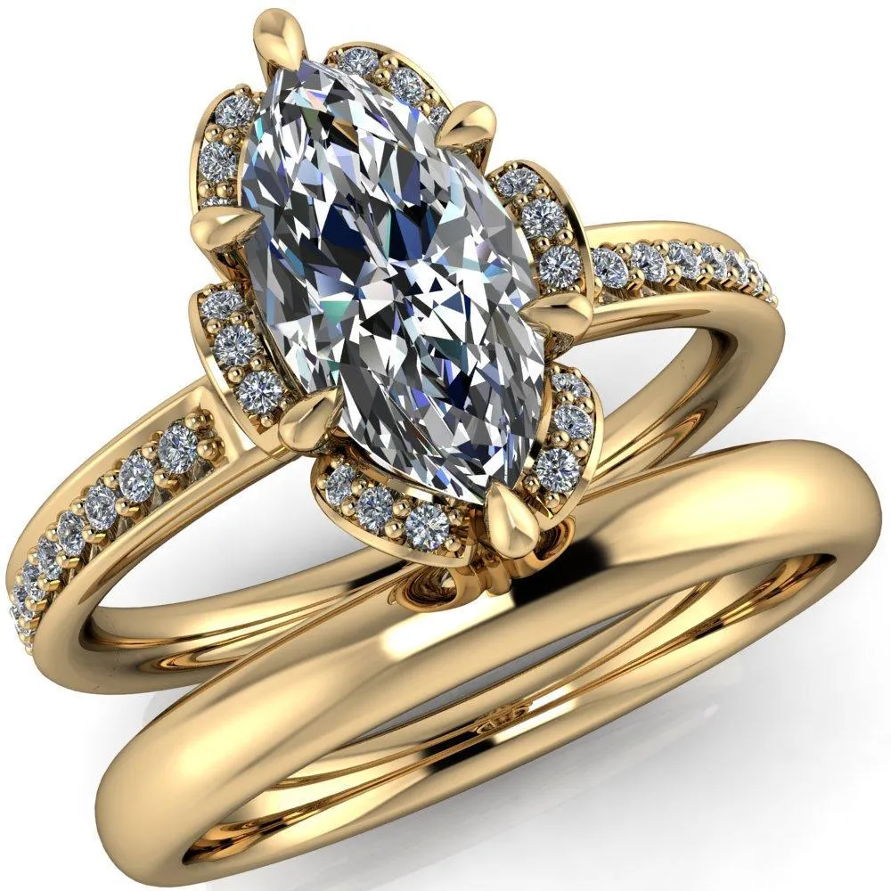 Daisy Marquise Center Stone Floral Diamond Basket Design and Diamond Shoulders Ring