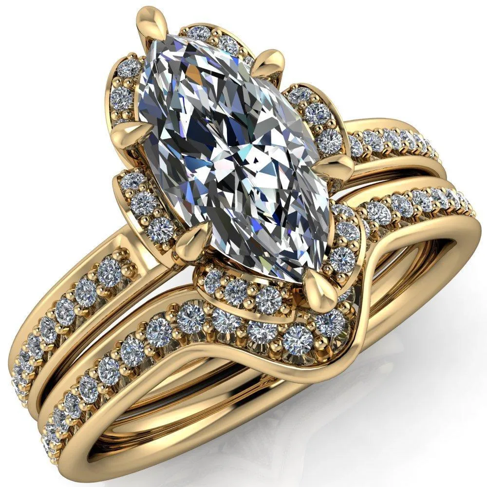 Daisy Marquise Center Stone Floral Diamond Basket Design and Diamond Shoulders Ring