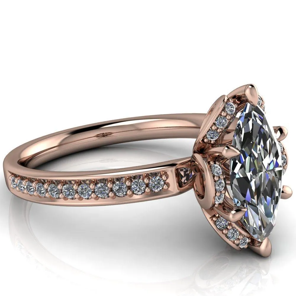 Daisy Marquise Center Stone Floral Diamond Basket Design and Diamond Shoulders Ring