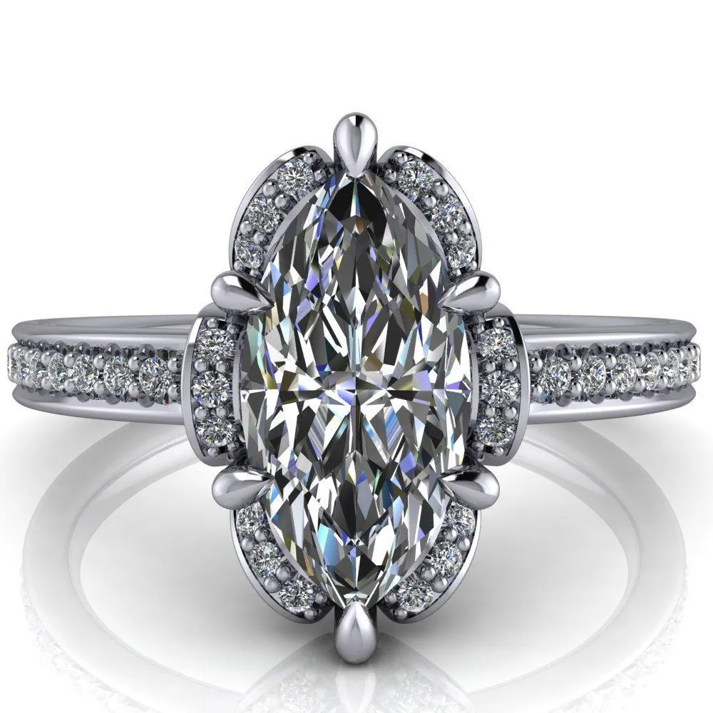 Daisy Marquise Center Stone Floral Diamond Basket Design and Diamond Shoulders Ring