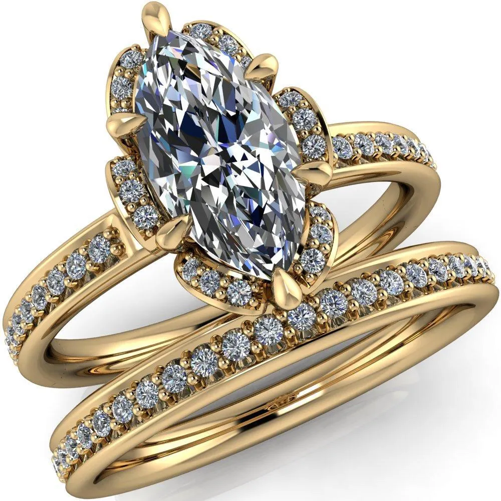 Daisy Marquise Center Stone Floral Diamond Basket Design and Diamond Shoulders Ring