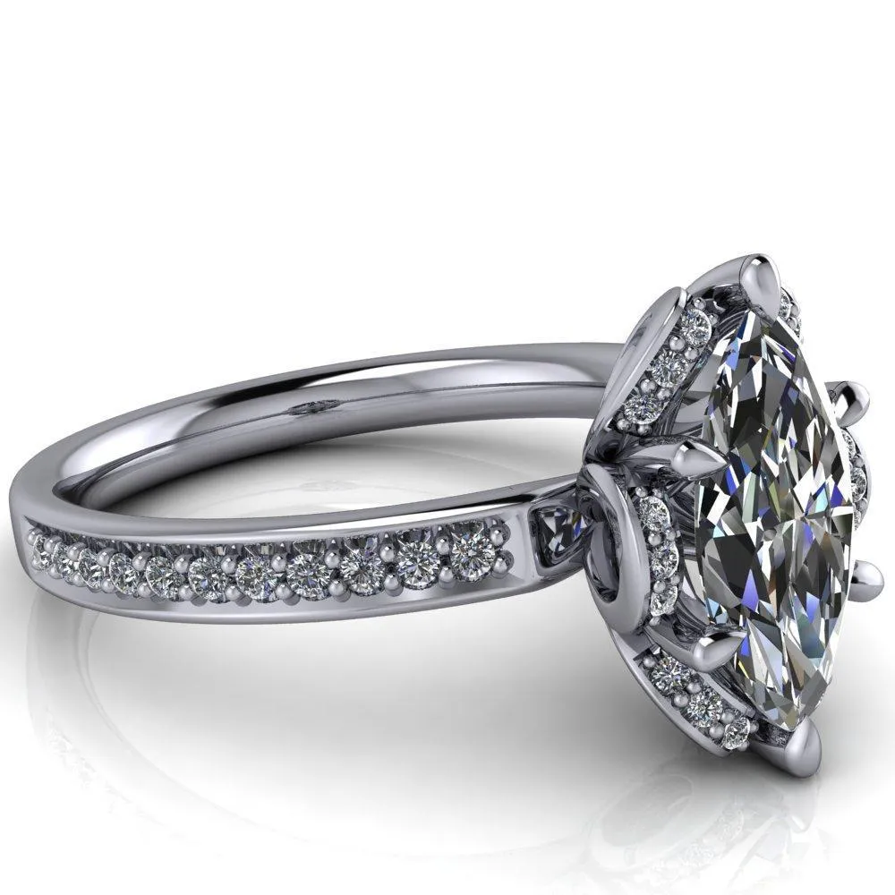 Daisy Marquise Center Stone Floral Diamond Basket Design and Diamond Shoulders Ring