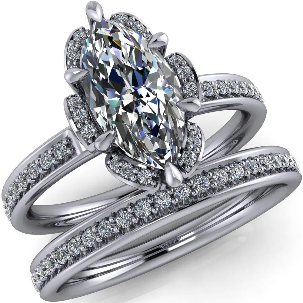Daisy Marquise Center Stone Floral Diamond Basket Design and Diamond Shoulders Ring