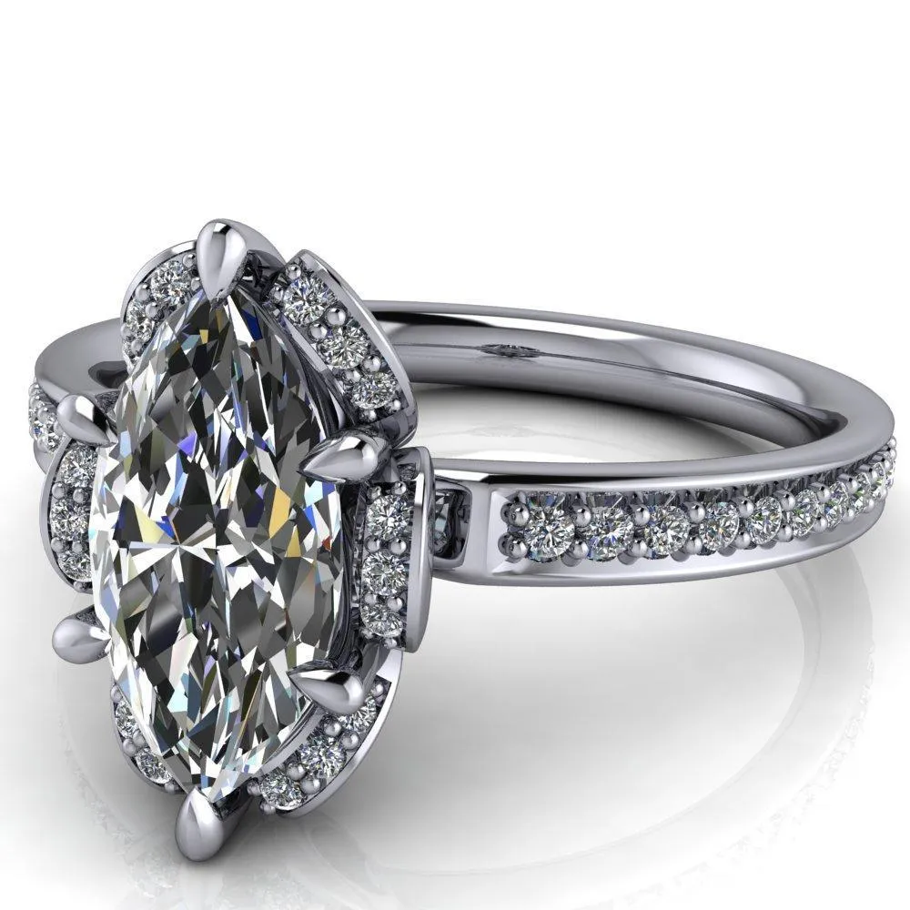 Daisy Marquise Center Stone Floral Diamond Basket Design and Diamond Shoulders Ring