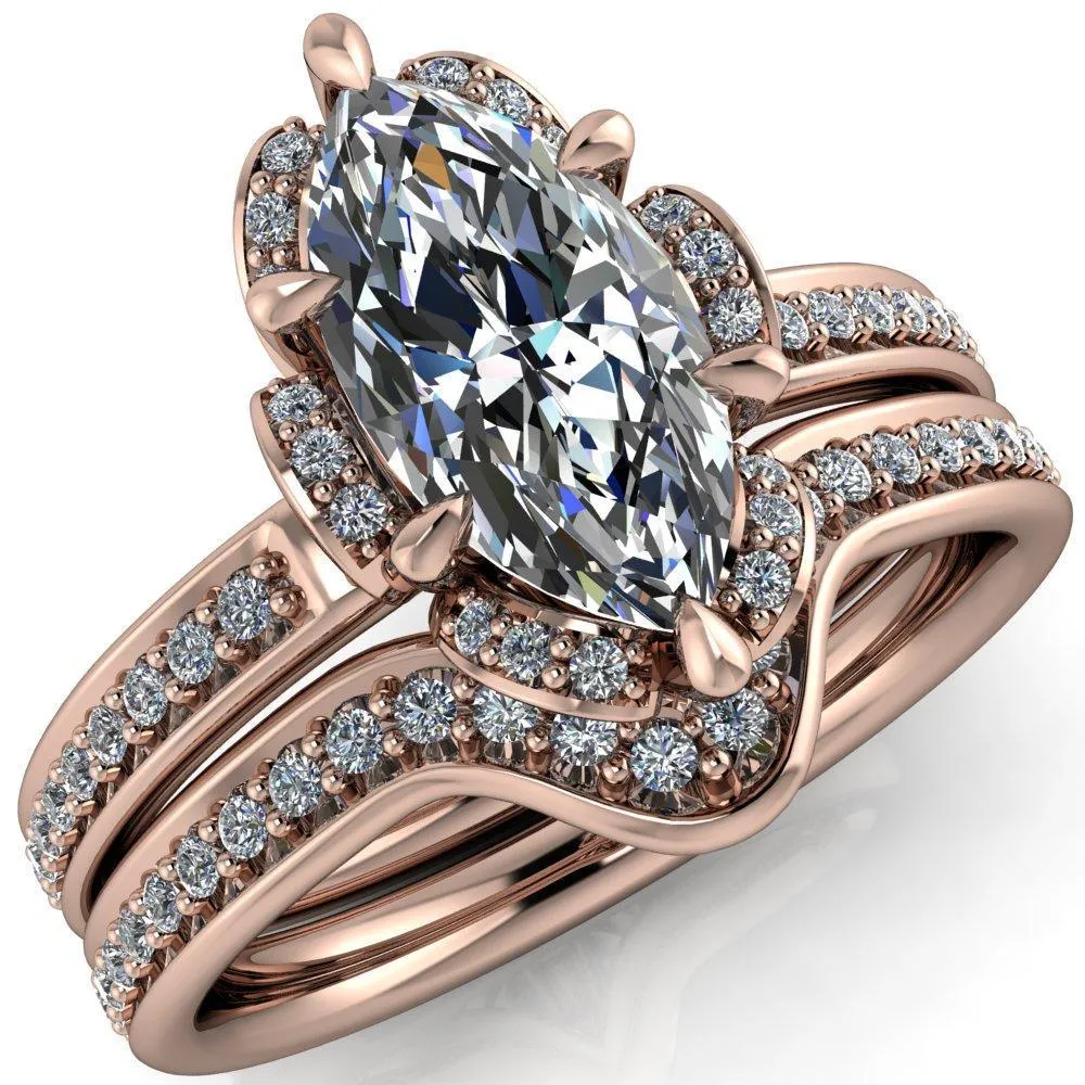 Daisy Marquise Center Stone Floral Diamond Basket Design and Diamond Shoulders Ring