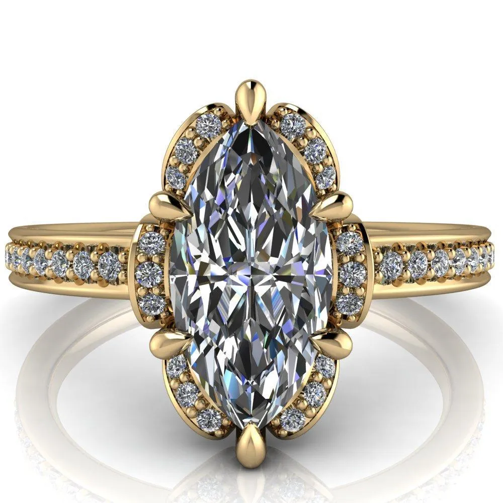 Daisy Marquise Center Stone Floral Diamond Basket Design and Diamond Shoulders Ring
