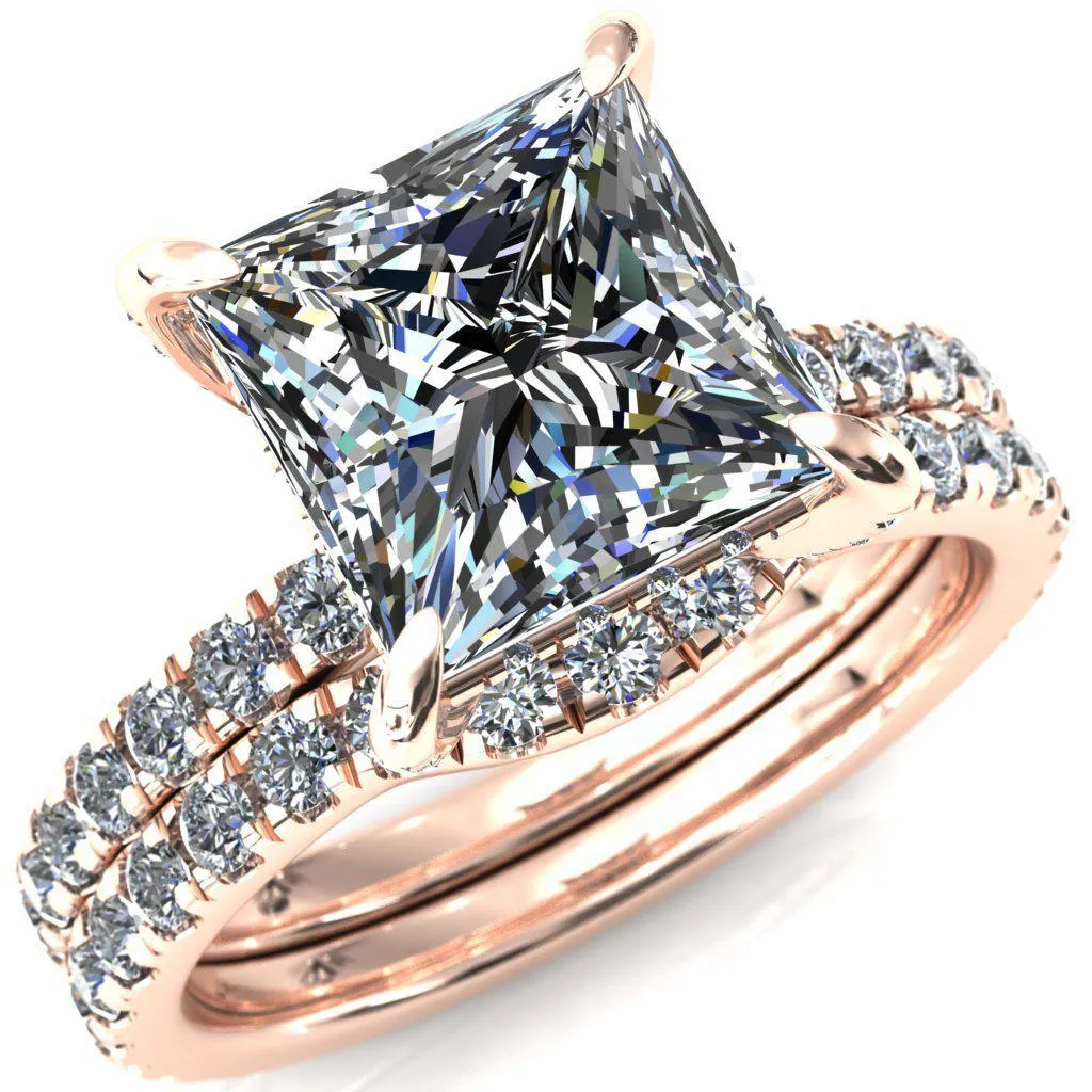 Daneli Princess/Square Moissanite 4 Claw Prong Micro Pave Diamond Sides Engagement Ring