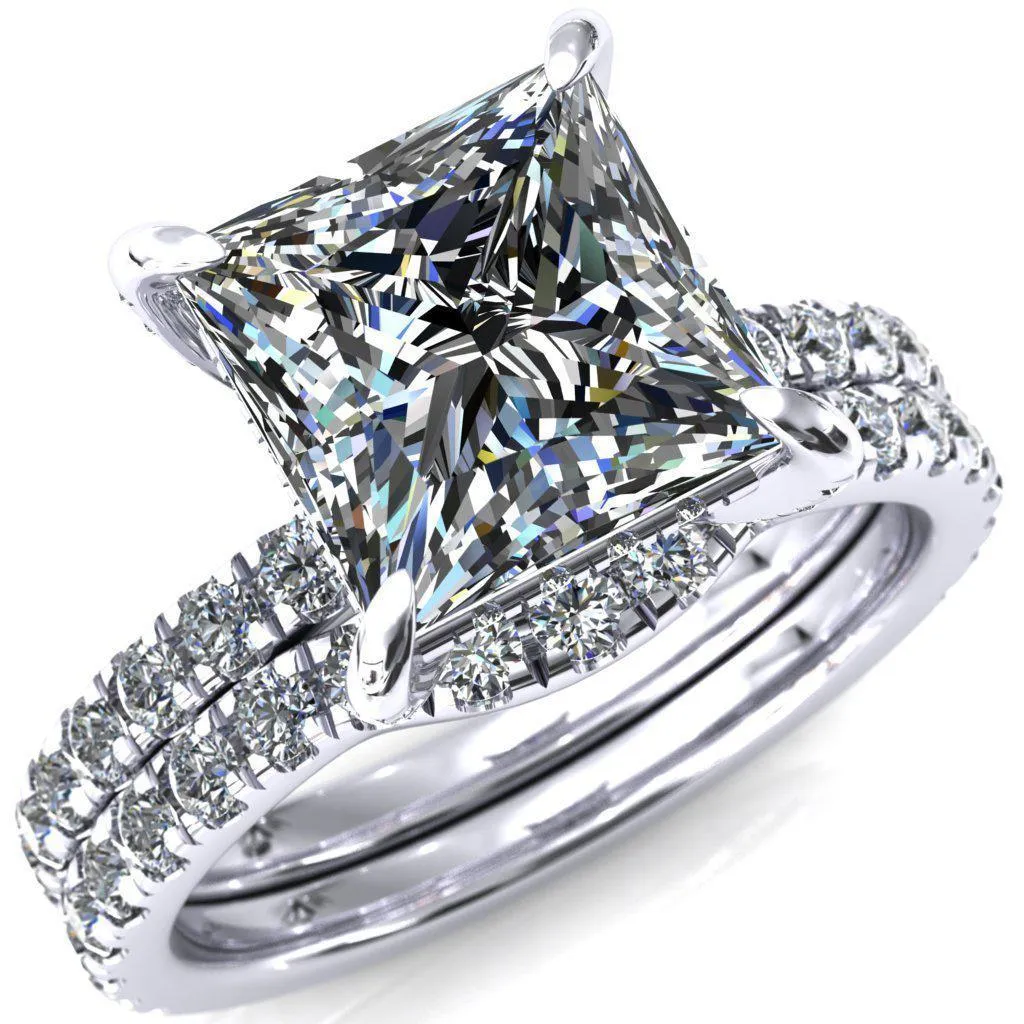 Daneli Princess/Square Moissanite 4 Claw Prong Micro Pave Diamond Sides Engagement Ring