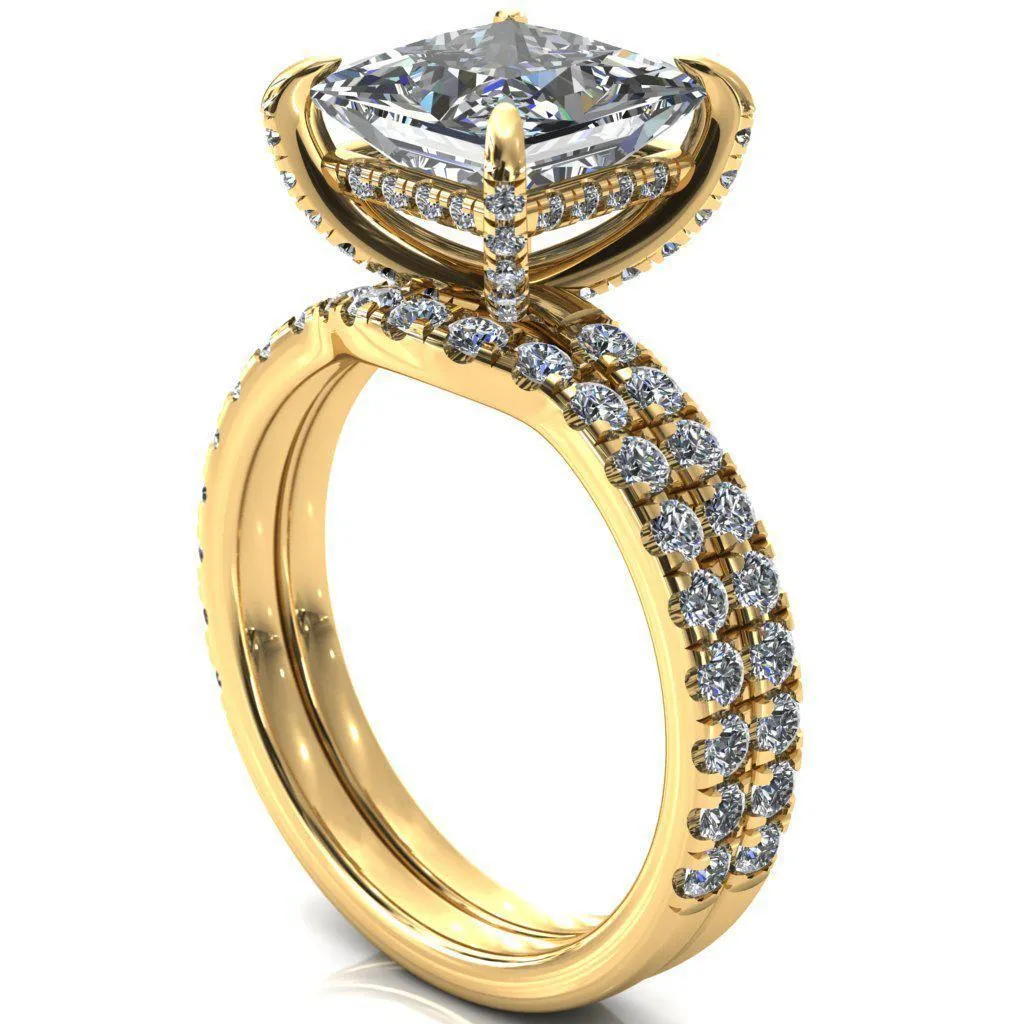 Daneli Princess/Square Moissanite 4 Claw Prong Micro Pave Diamond Sides Engagement Ring