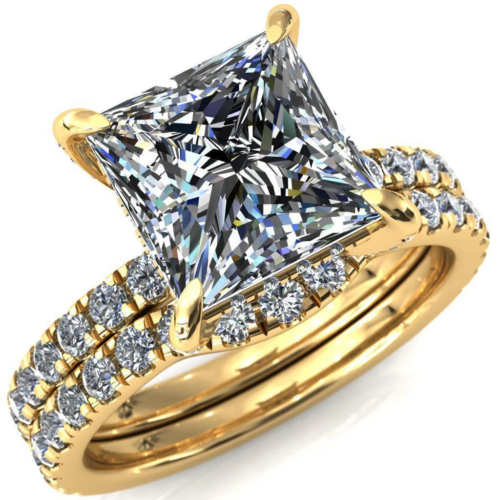 Daneli Princess/Square Moissanite 4 Claw Prong Micro Pave Diamond Sides Engagement Ring