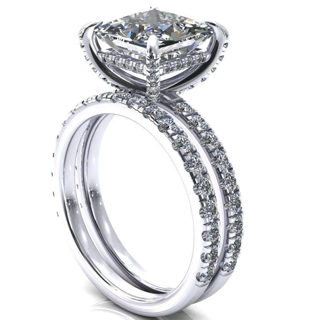 Daneli Princess/Square Moissanite 4 Claw Prong Micro Pave Diamond Sides Engagement Ring