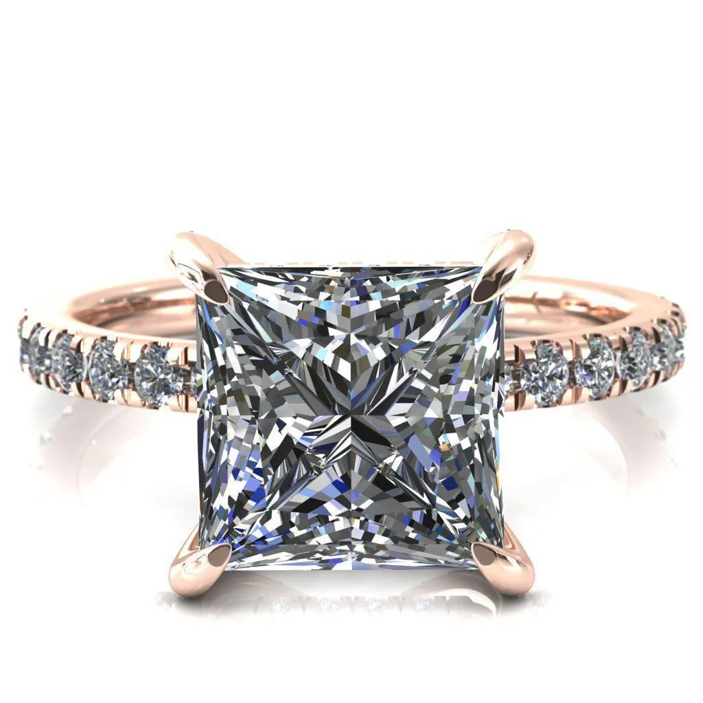 Daneli Princess/Square Moissanite 4 Claw Prong Micro Pave Diamond Sides Engagement Ring