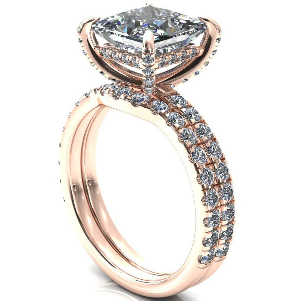Daneli Princess/Square Moissanite 4 Claw Prong Micro Pave Diamond Sides Engagement Ring