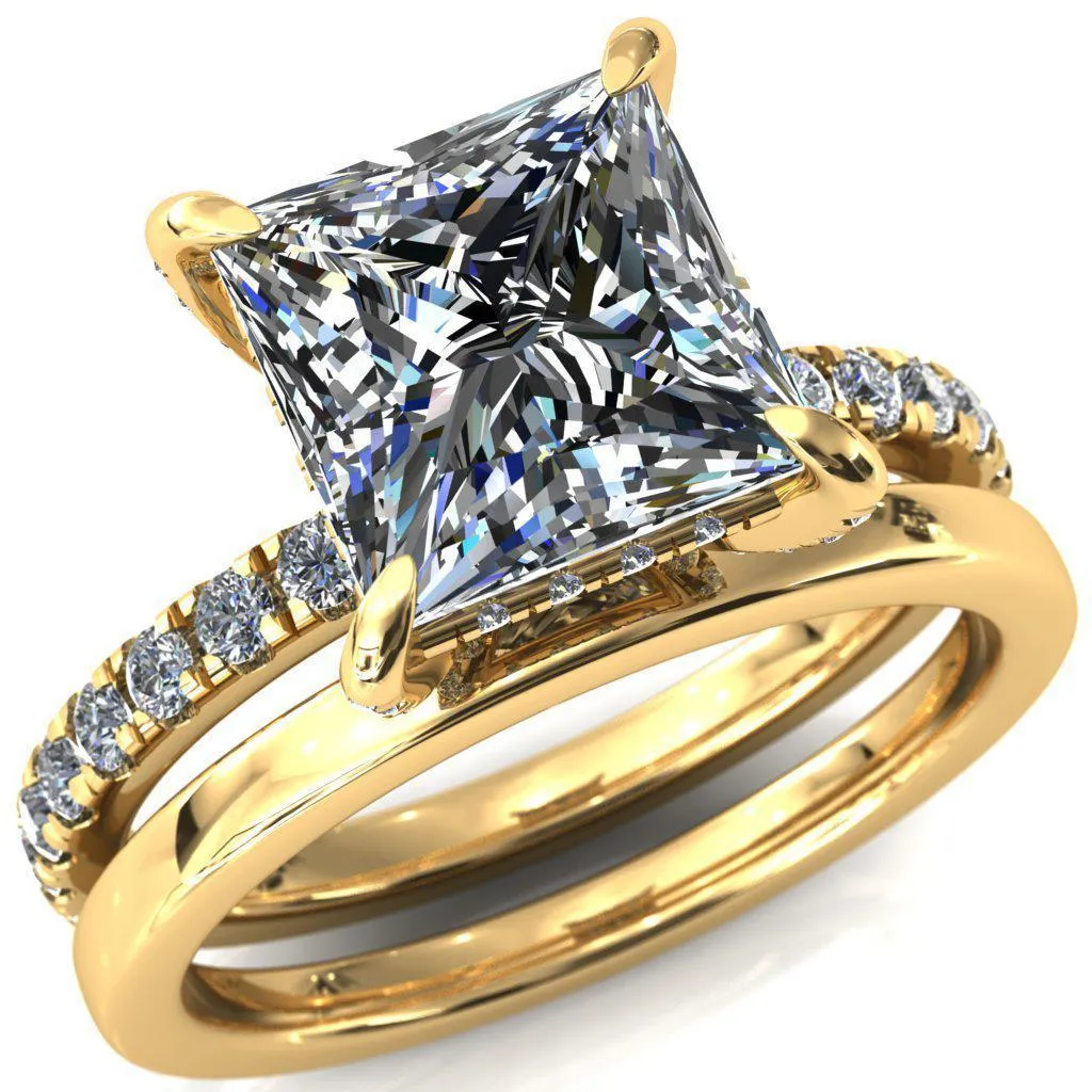 Daneli Princess/Square Moissanite 4 Claw Prong Micro Pave Diamond Sides Engagement Ring
