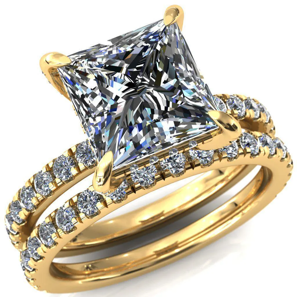 Daneli Princess/Square Moissanite 4 Claw Prong Micro Pave Diamond Sides Engagement Ring