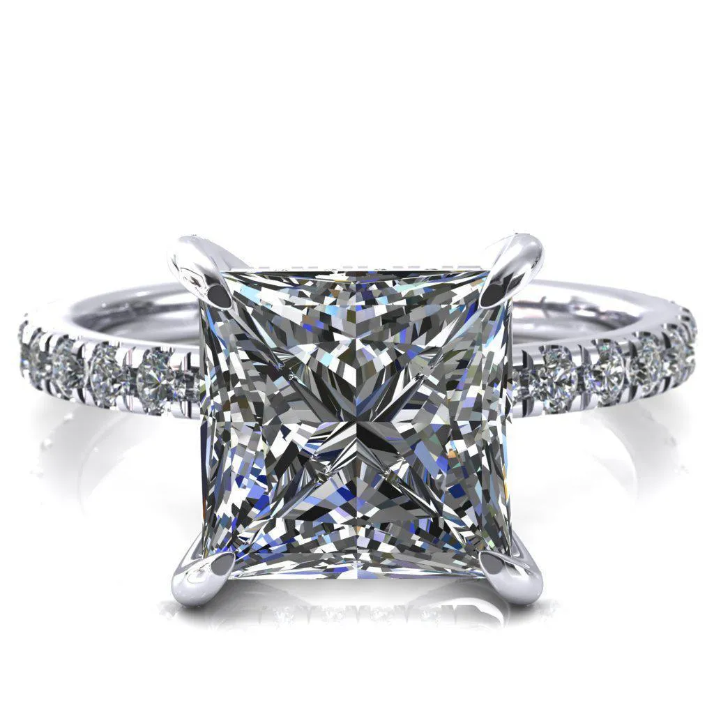 Daneli Princess/Square Moissanite 4 Claw Prong Micro Pave Diamond Sides Engagement Ring