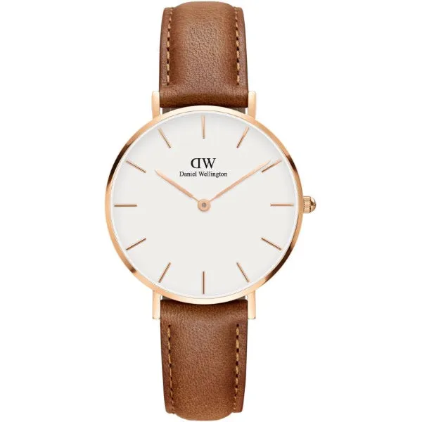 Daniel Wellington Petite Durham 32 Brown Leather Strap White Dial Quartz Watch for Ladies - DW00100172
