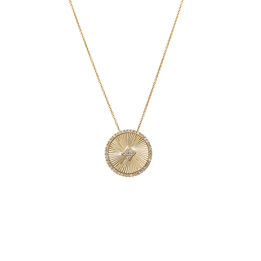 Diamond Pave Accented Ridged Disc Pendant Necklace 14K