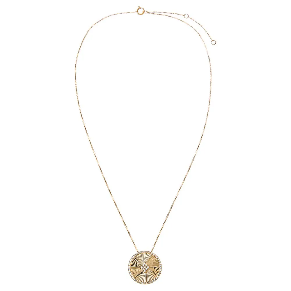 Diamond Pave Accented Ridged Disc Pendant Necklace 14K