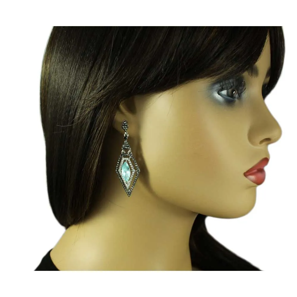 Diamond Shape Aqua Crystal Dangling Pierced Earring - REC411